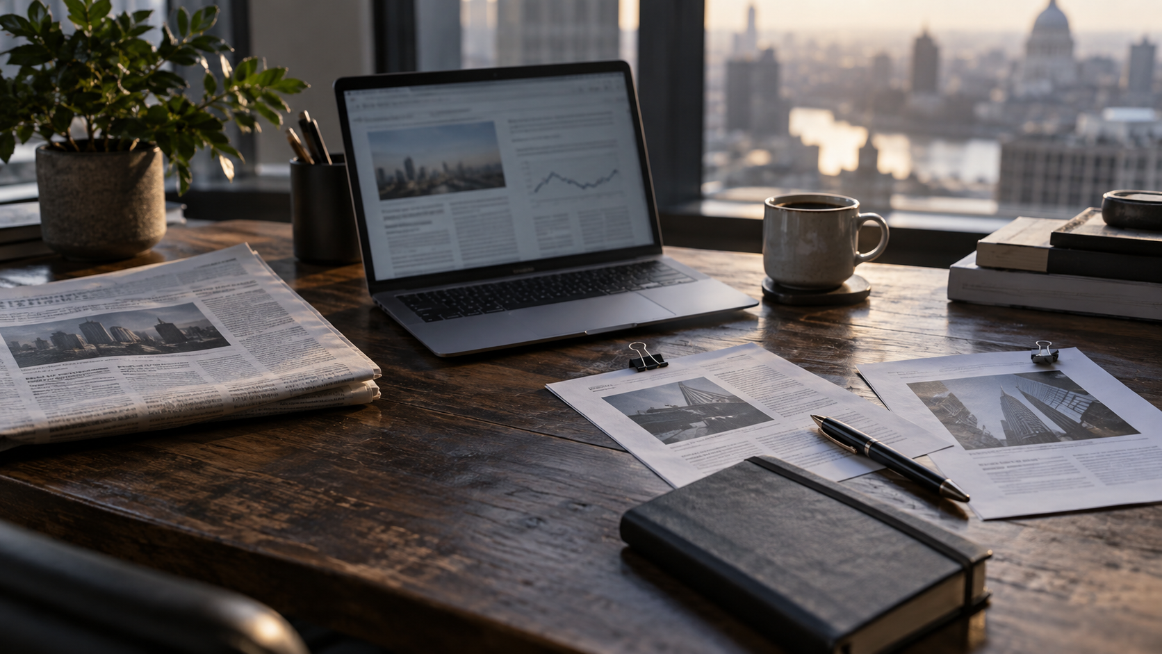 A financial news research desk with a laptop, newspapers and analyst notes