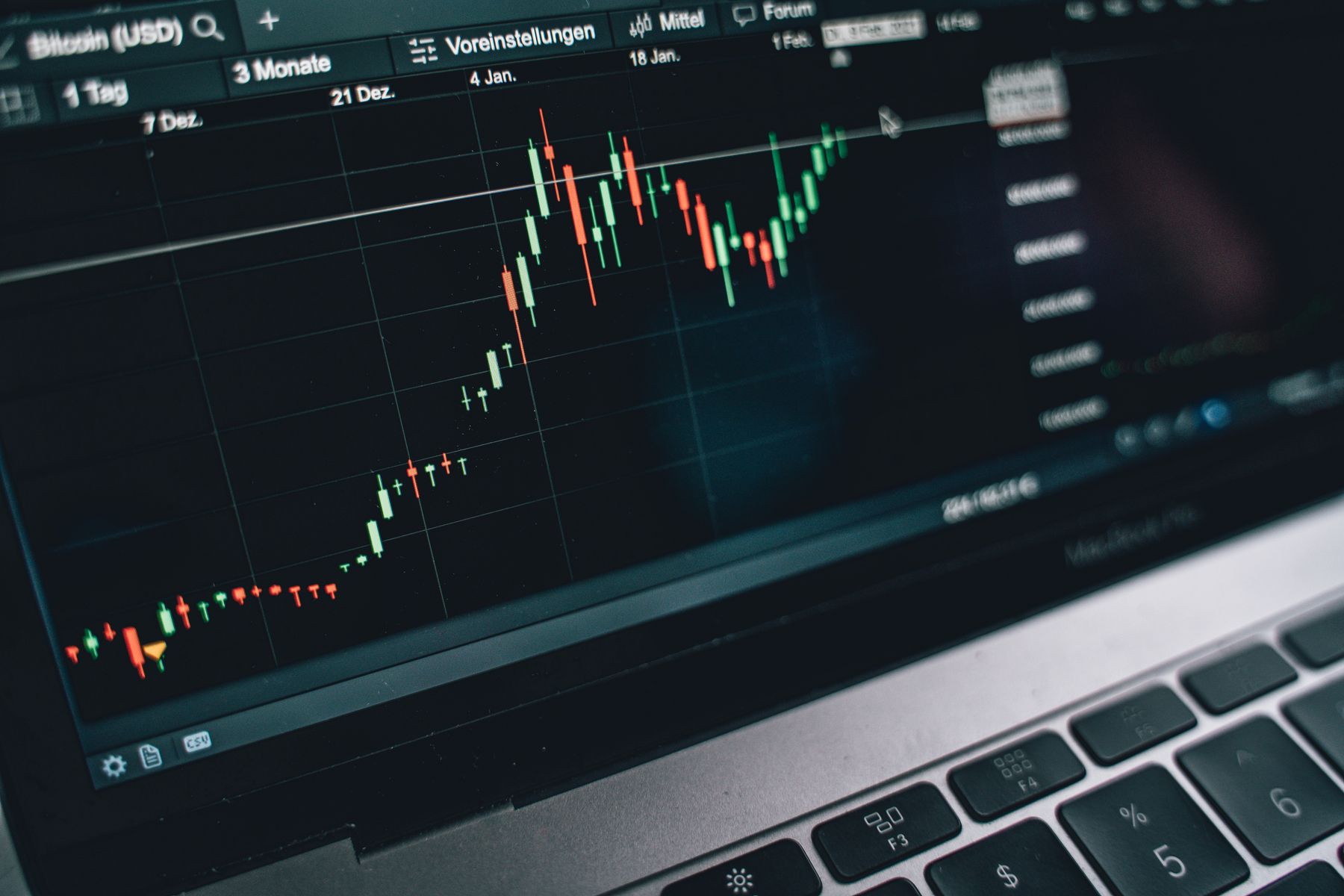 historical cryptocurrency price chart on a laptop